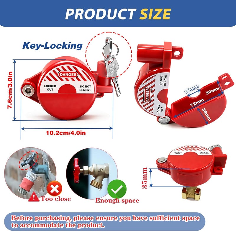 Young Dance Self-Locking Plastic Gate Valve Lockout Device,1 to 2-1/2 in Dia Valve Handles,Hose Bib Lock for Outdoor Faucet Knob/Gas Valve/Propane Tank,Outside Garden Valves,(1 Pack,Red) - Image 2